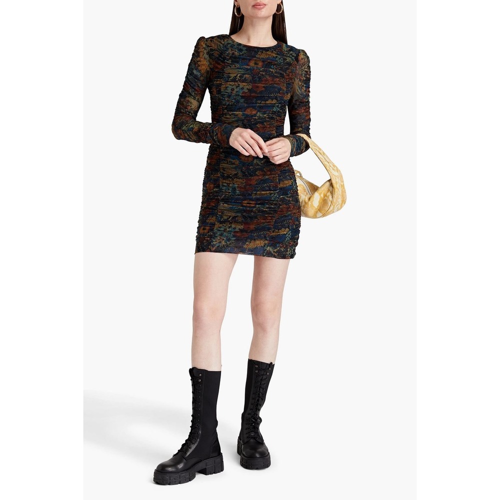 Ganni Floral Print Ruched Mesh Mini Dress Long Sleeve Multi Color Size 36 T3156